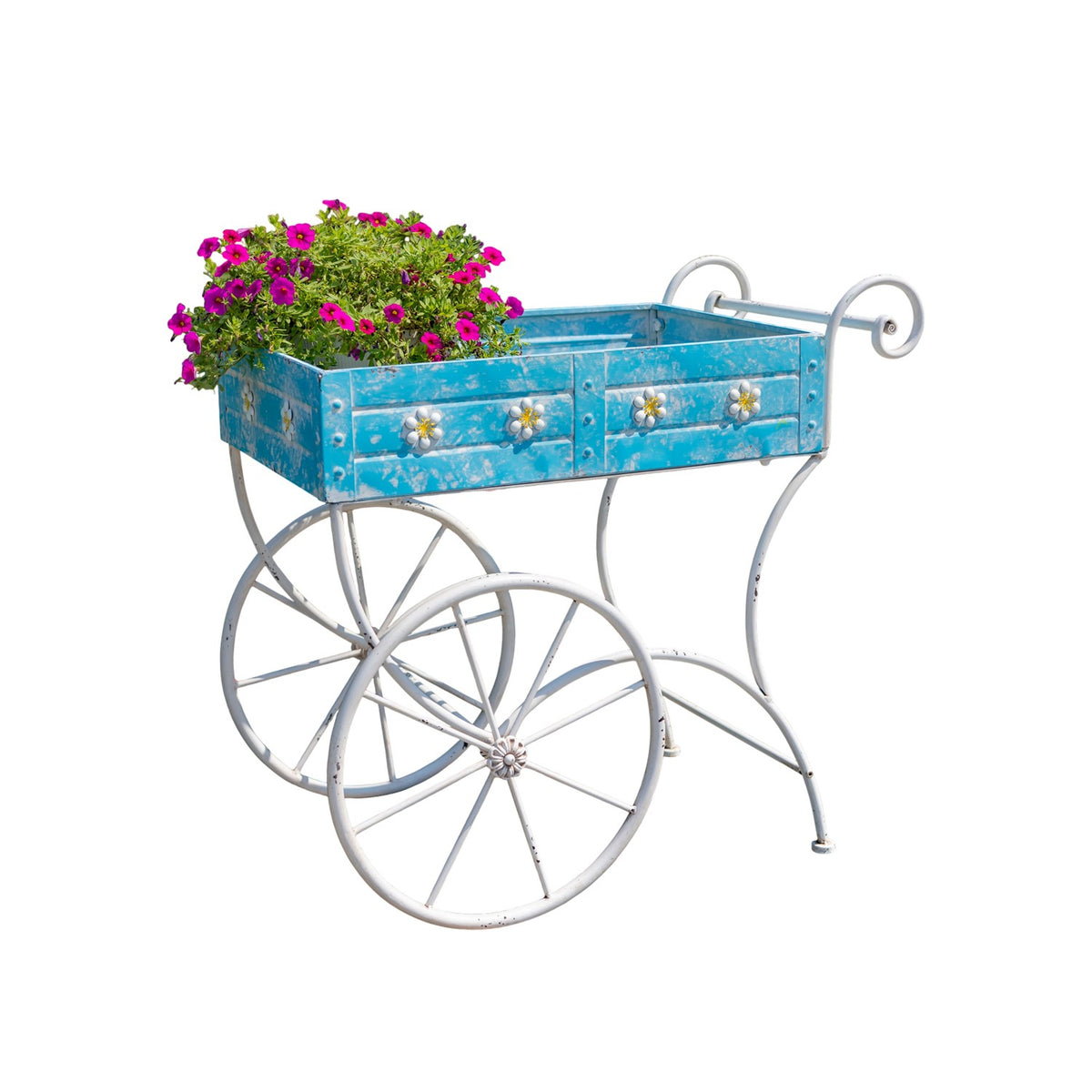 White metal flower cart with a distressed blue tray, curled handles, large spoked wheels, and pink flowers.