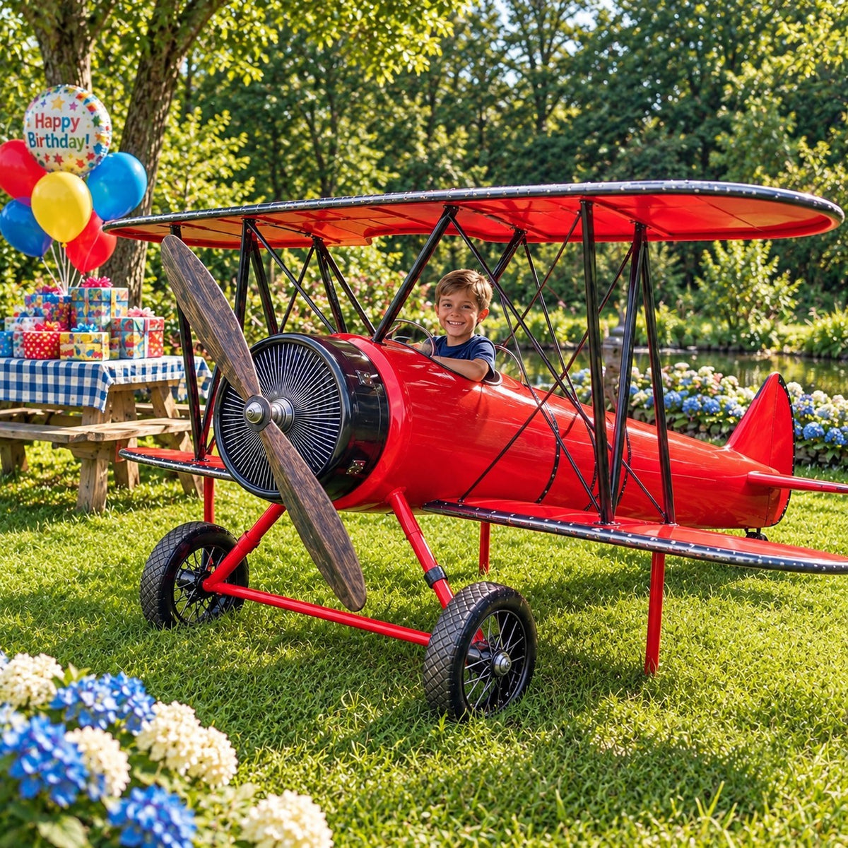 A child sits in a red metal biplane display on a lawn beside birthday decorations.