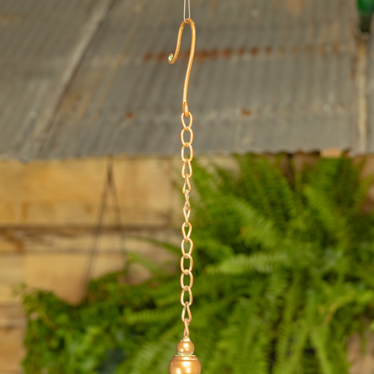 Gold-tone hook and linked chain hang against an outdoor backdrop.