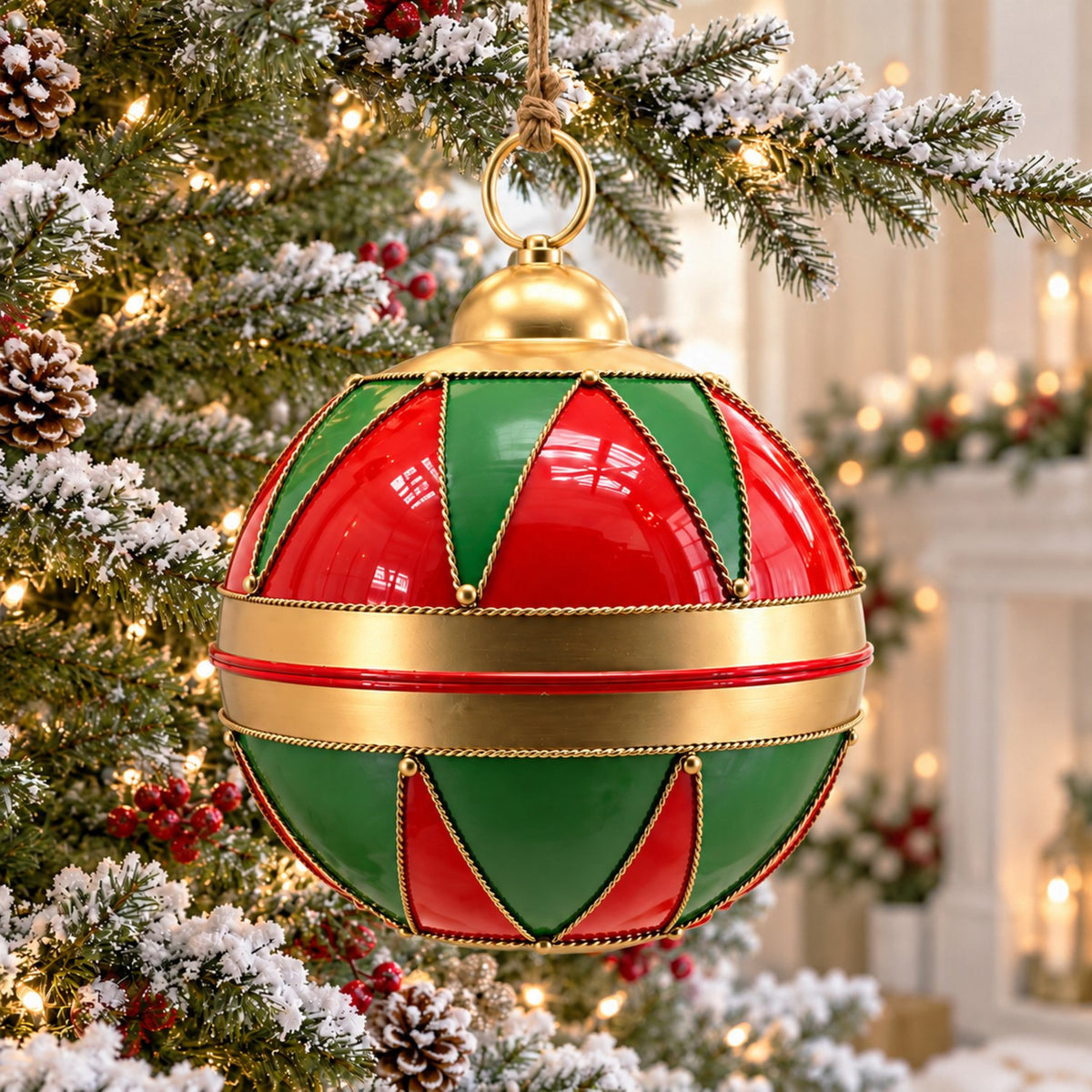Close view of a glossy red and green bauble with gold trim and a hanging loop.