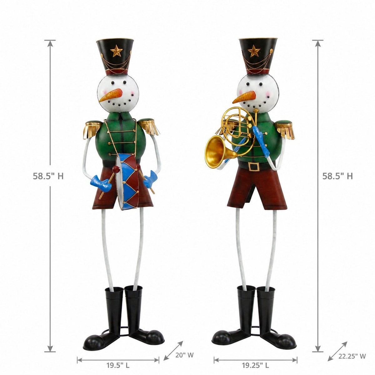 Two metal snowman soldiers stand beside height and base measurement arrows.