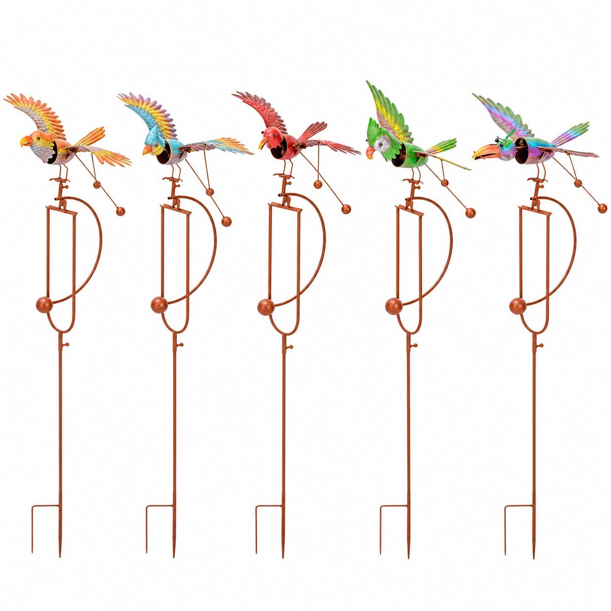 Five metal garden stakes topped with colorful birds, each shown in a different color.