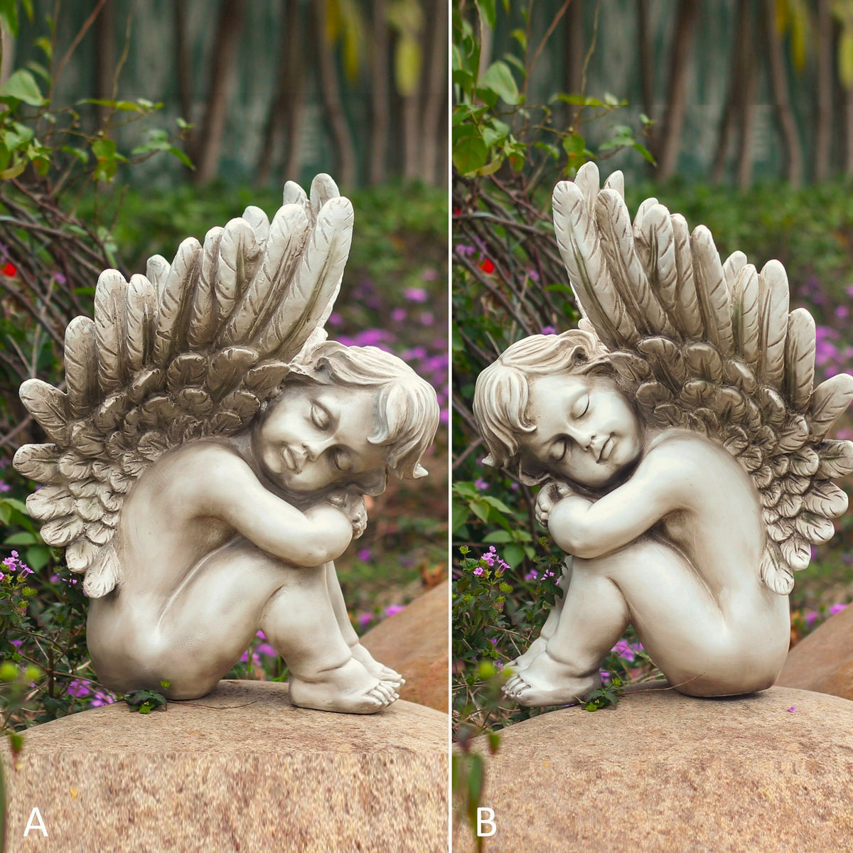 Two full views of a seated winged cherub statue, each shown from a different angle outdoors.