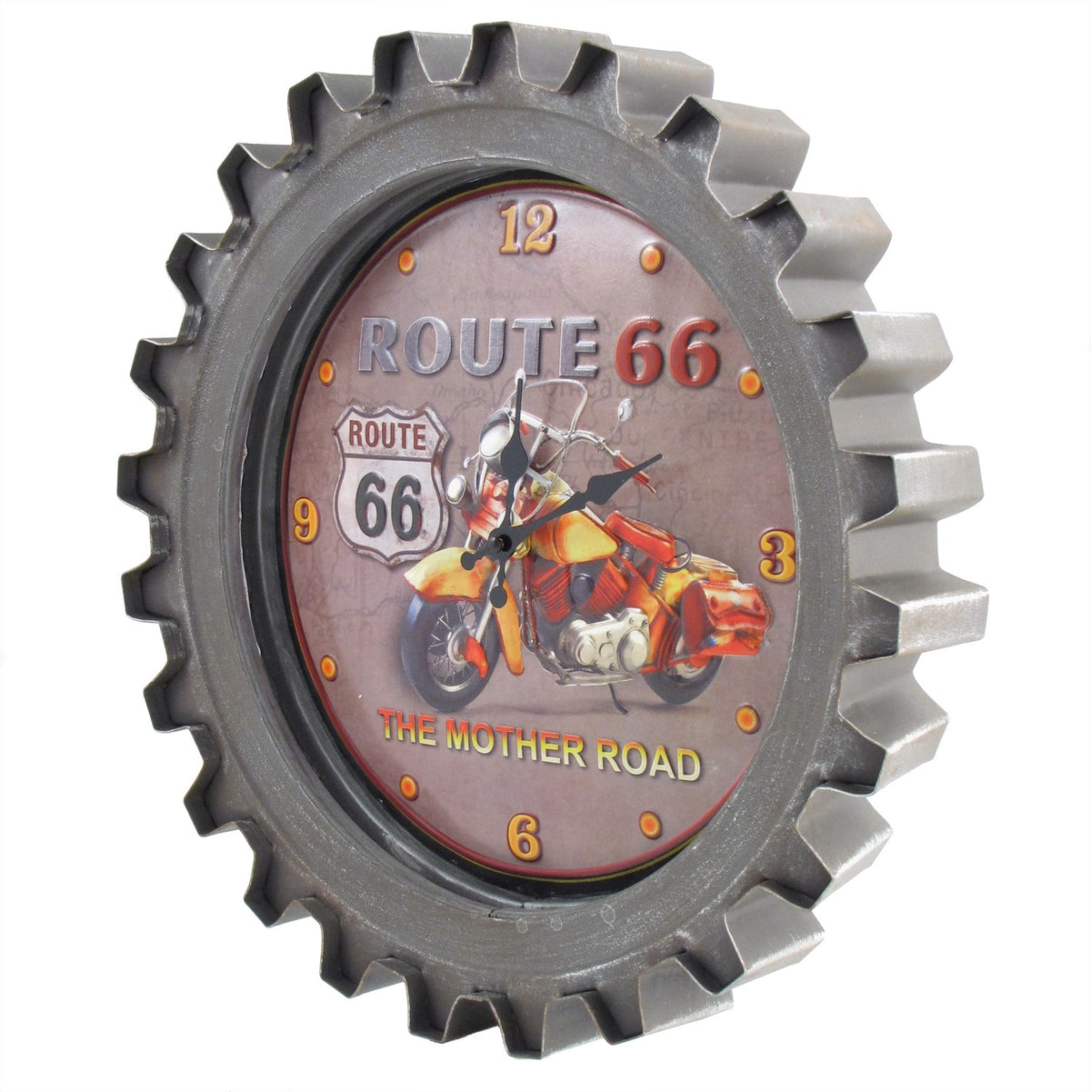 Angled view showing the clock's thick gear-shaped rim and raised teeth around the orange motorcycle dial.