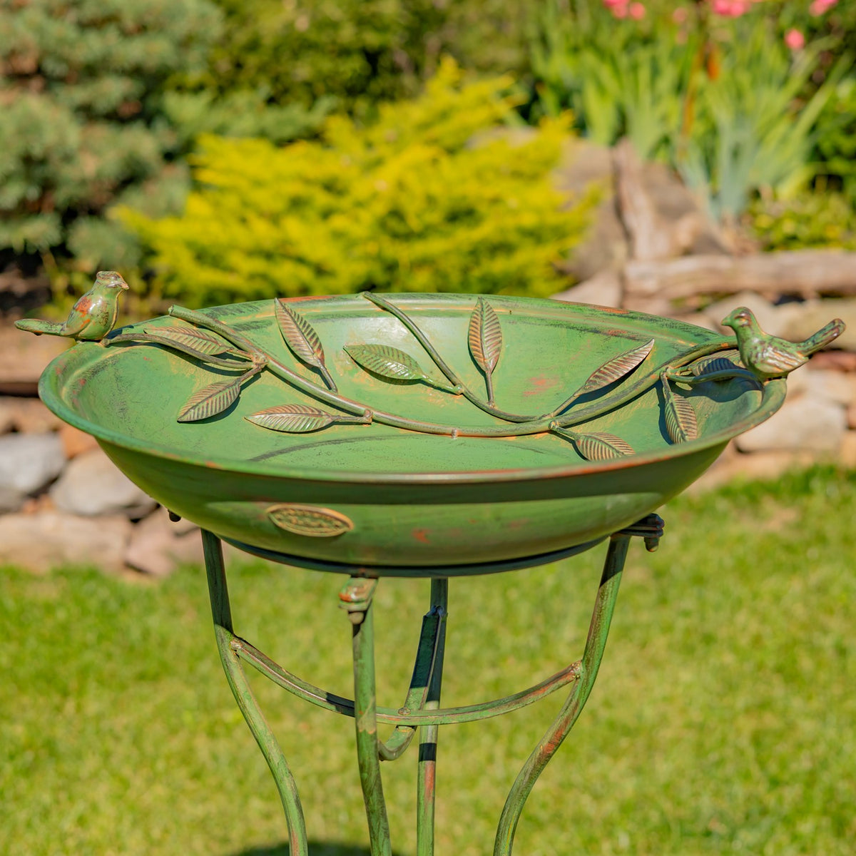 31" Tall "Two Birds" Iron Birdbath with Verdi Green Finish