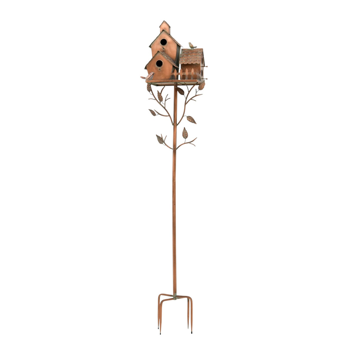 Full-length view of the birdhouse stake, showing its tall stem and two-pronged ground base.