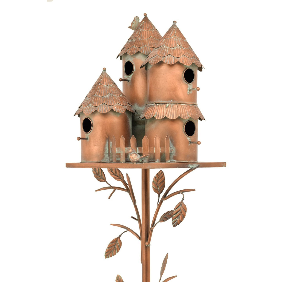 Metal birdhouse stake with clustered copper-toned houses, scalloped roofs, and decorative leaves.