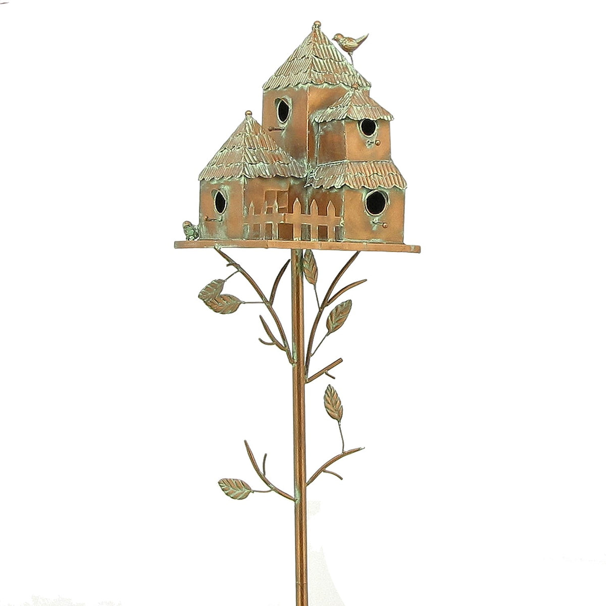 Entire birdhouse stake shown against a white background, with a tall central pole and decorative metal leaves.