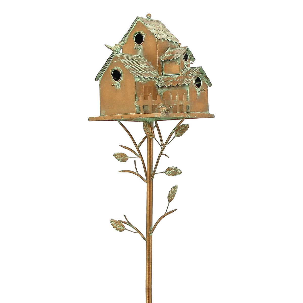 Entire birdhouse stake isolated against a white background, with leafy branches along its tall pole.
