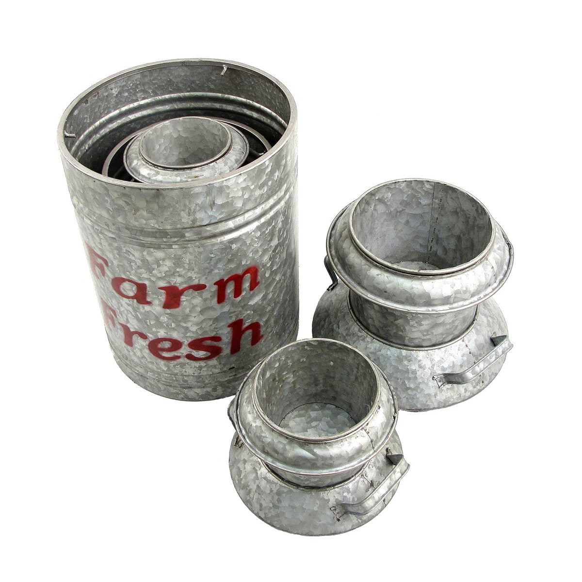 Three galvanized planters shown from above, with the smaller vessels nested inside the largest.