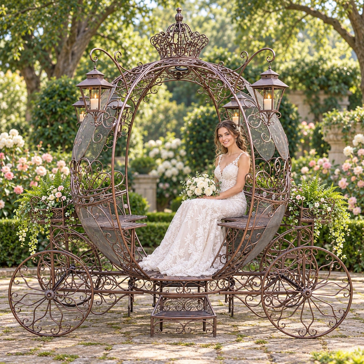 An ornate round carriage with a seated bride, decorative wheels, lanterns, and a crown in a garden.