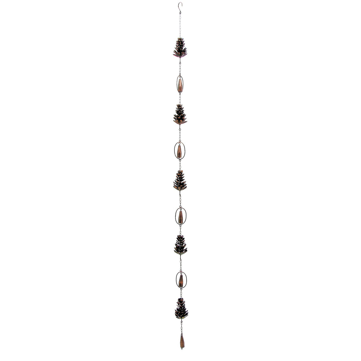 A long rain chain with repeating pinecone pendants and oval connectors shown against a white background.