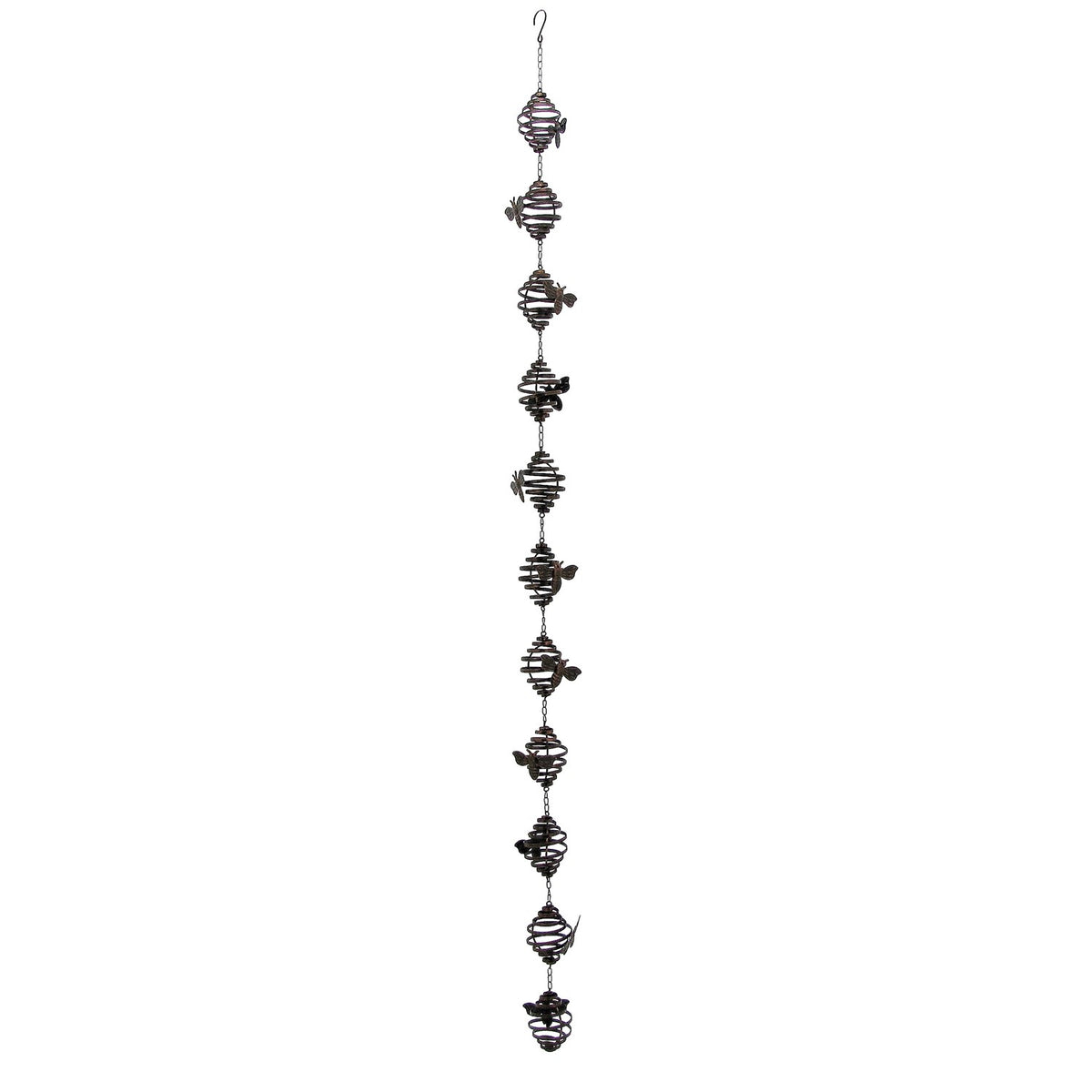 Full hanging chain of small bronze spiral ornaments shown against a white background.