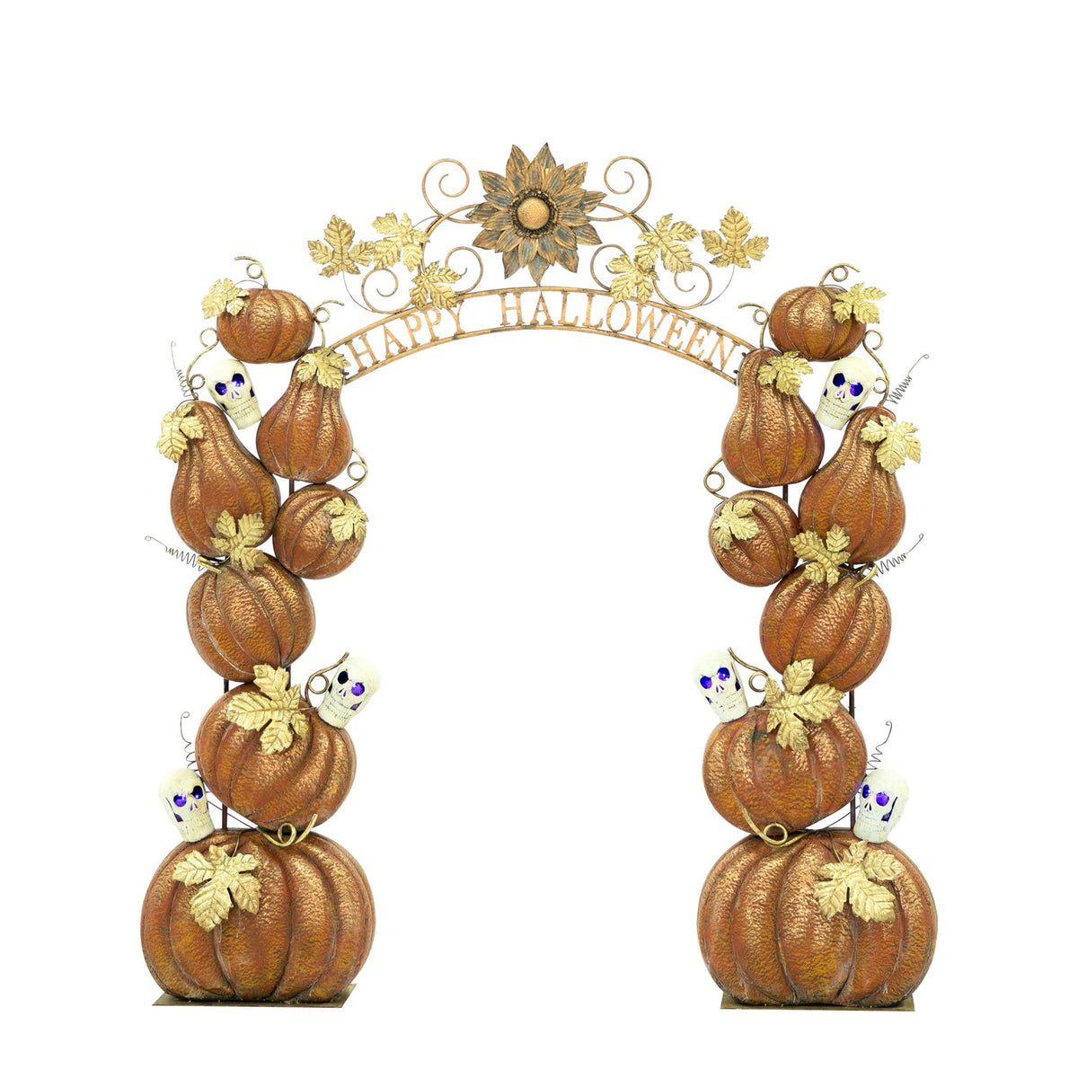 Full decorative arch shown against a white background, with stacked pumpkins, skulls, leaves, and a floral top.