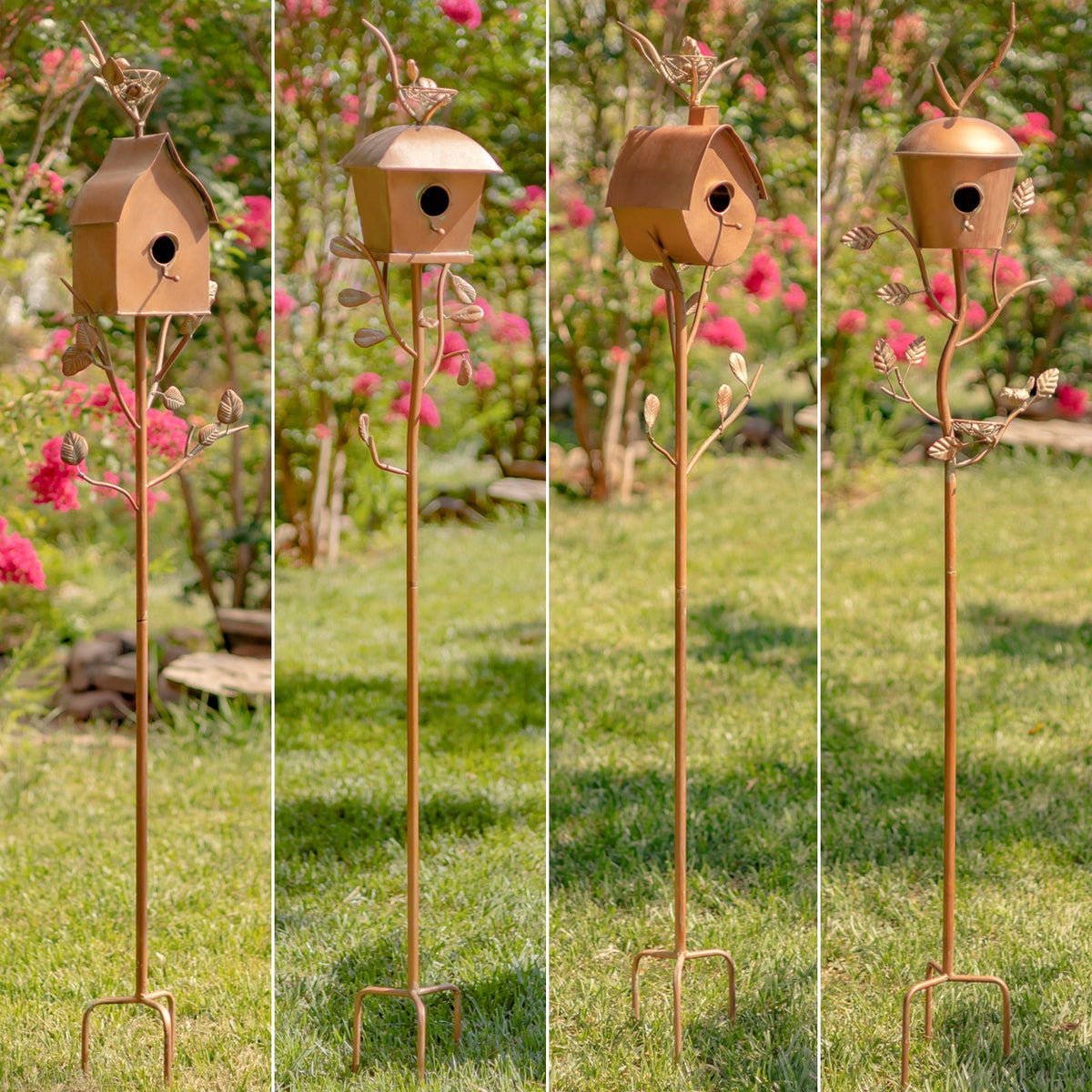 Four copper-colored birdhouse stakes shown standing in a garden, each with a different roof and body shape.