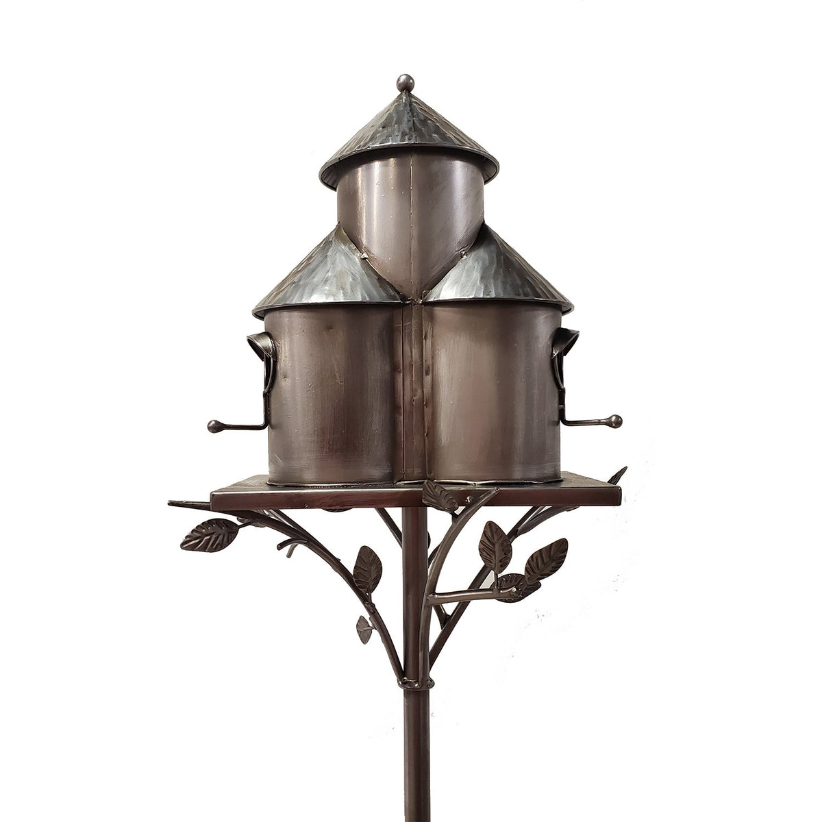 Rear view of the silver birdhouse stake, showing the backs of its three roofed houses and decorative branch stand.