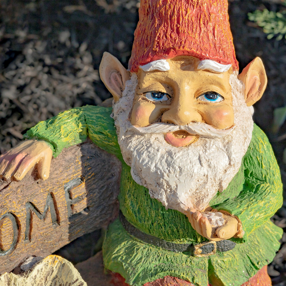 Close-up of the gnome's face, white beard, red hat and green clothing beside the wooden sign.