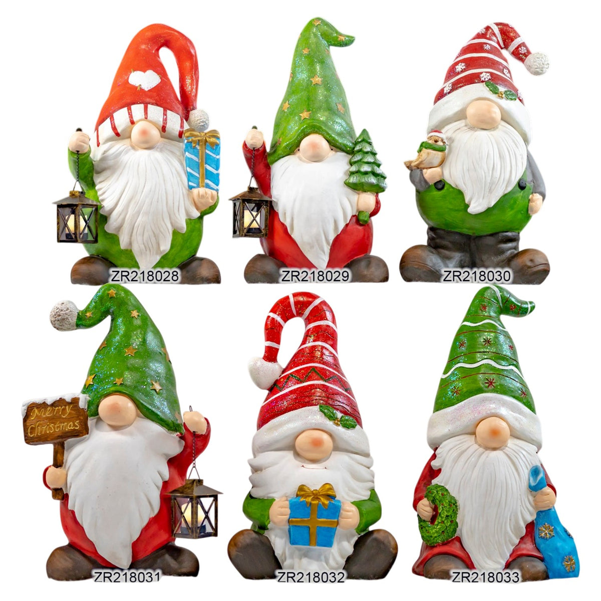 Six assorted Christmas gnome statues are arranged in two rows against a white background.