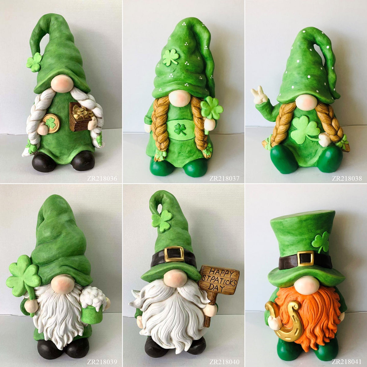 Six different green-clad garden gnomes shown individually in a two-row collage.