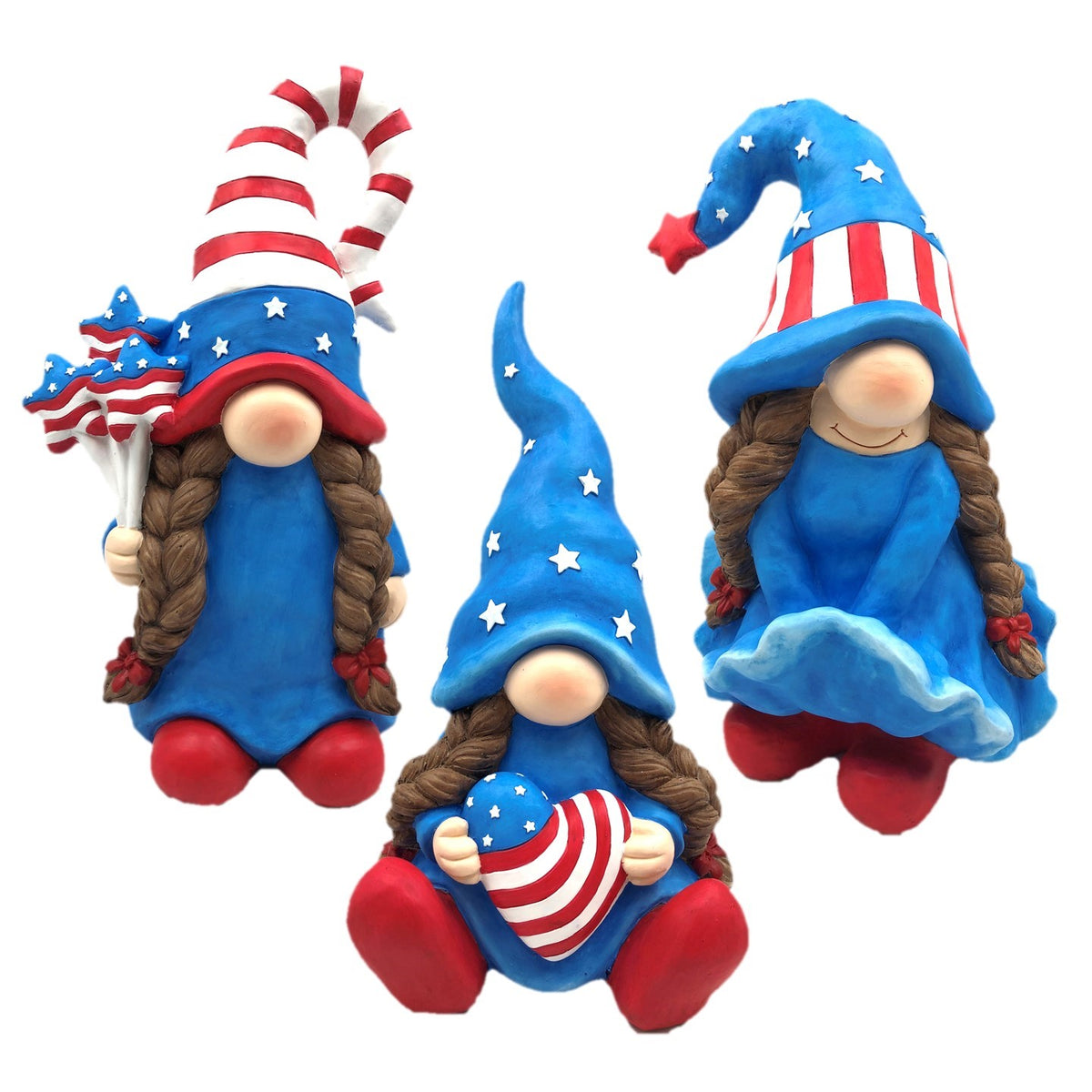 Three assorted lady gnomes are shown against a white background.