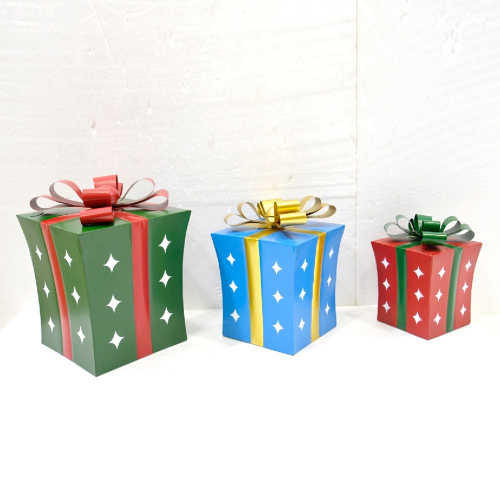 Three colorful gift-box decorations with bows and white star cutouts, shown without their stakes.