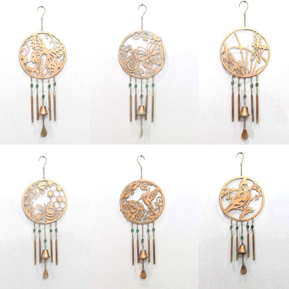 Six circular copper-colored wind chimes displayed in two rows, each with a different nature design, bell, and hanging