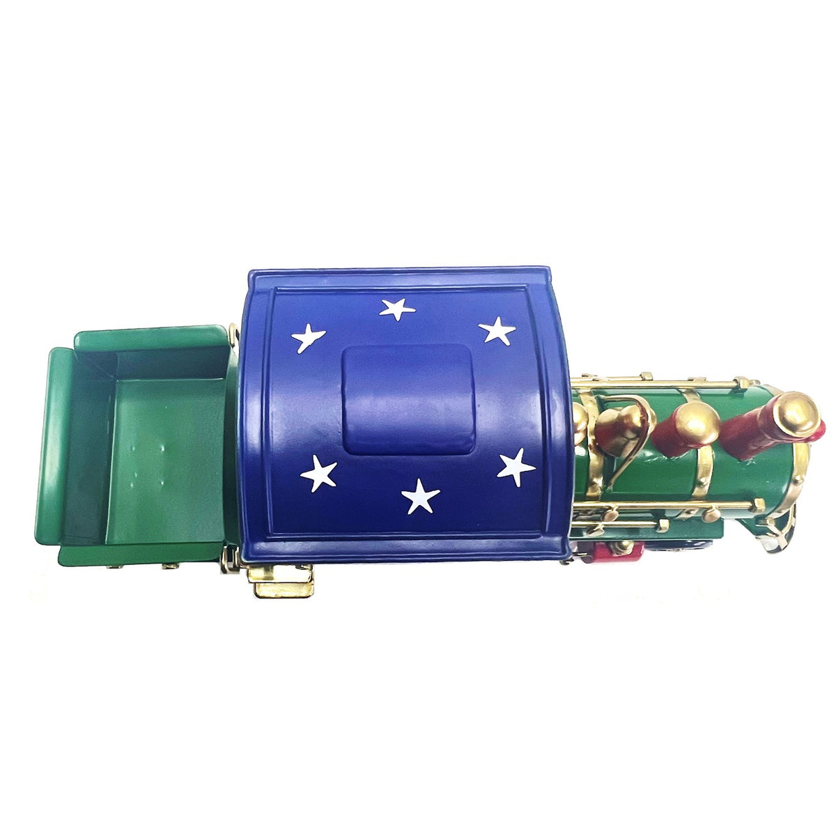 Top-down view of a green and blue decorative train with white stars and gold accents.