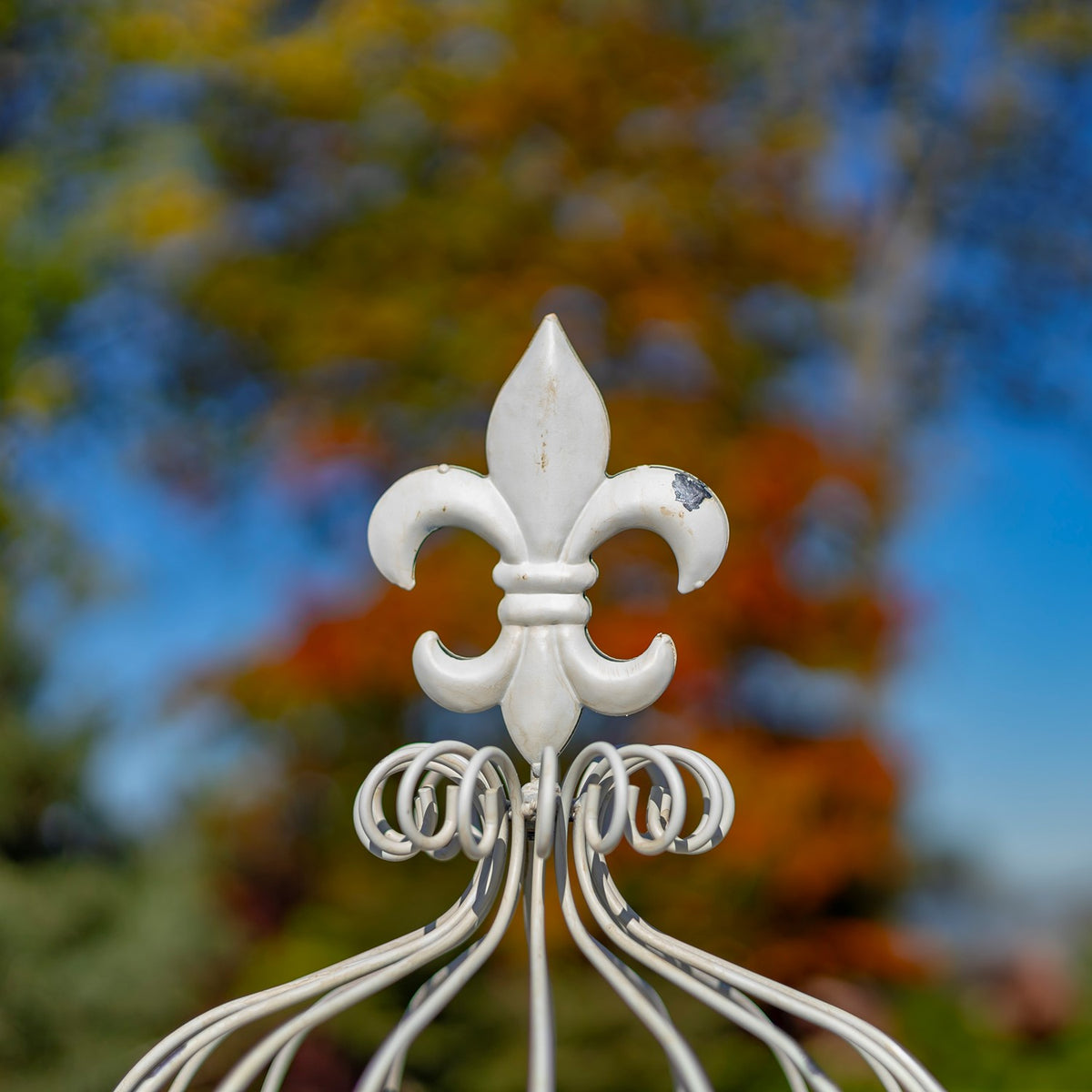 Close-up of a white fleur-de-lis finial above curled ironwork against a blurred autumn backdrop.