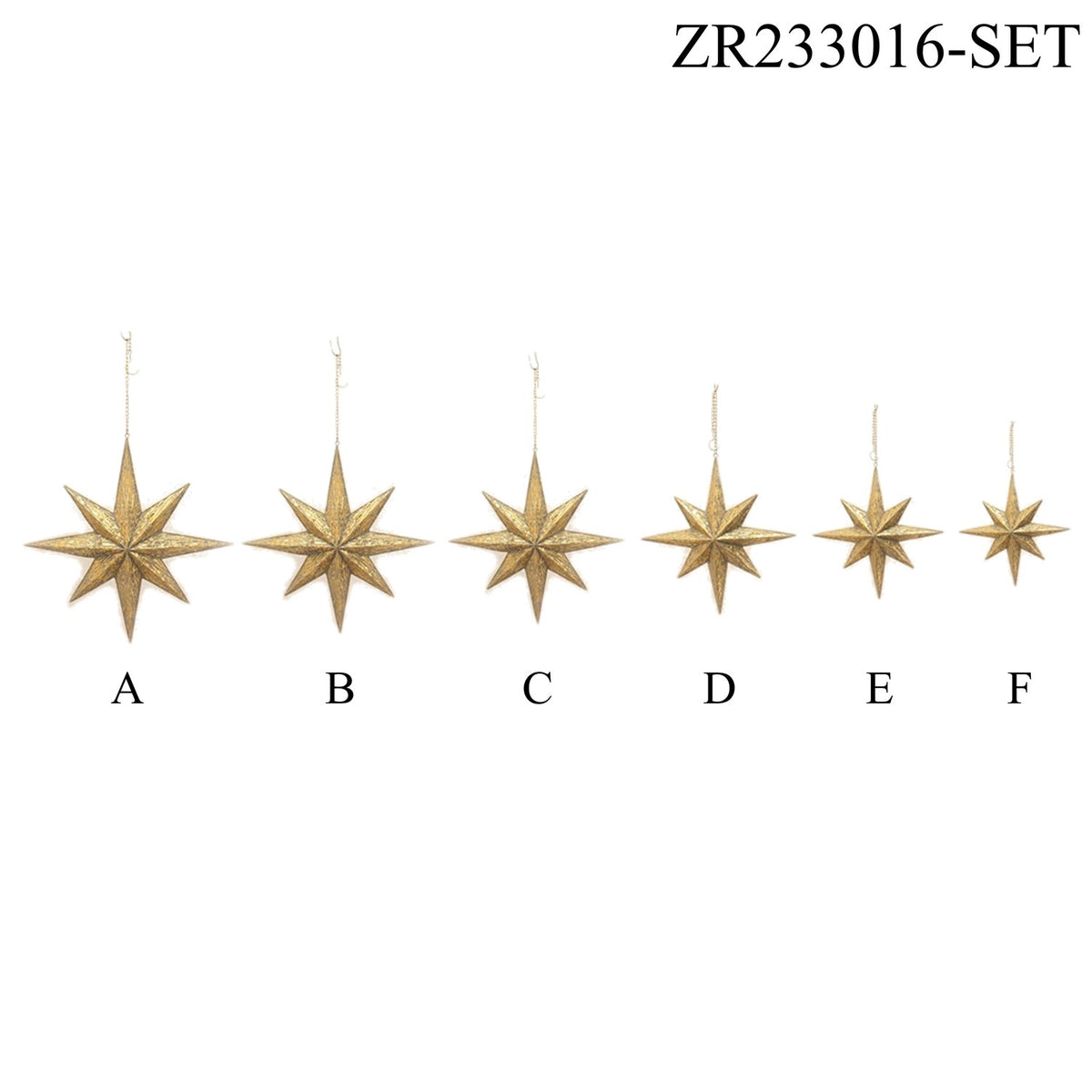 Six gold hanging star ornaments displayed in a row in graduated sizes.