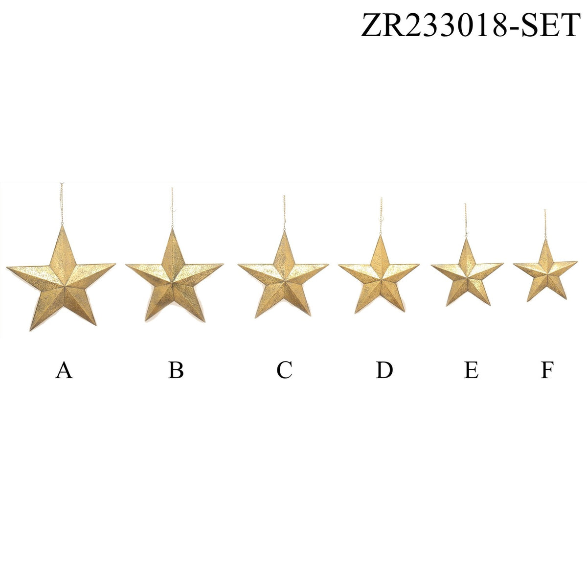 Six gold hanging stars are arranged from largest to smallest on a white background.