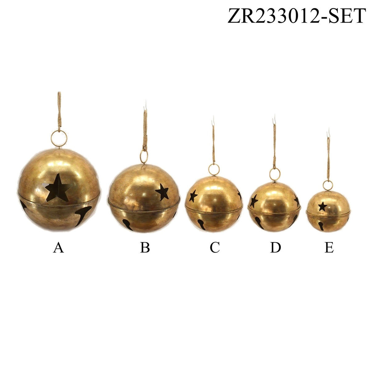 Five antique-gold bells in graduated sizes arranged in a row against a white background.