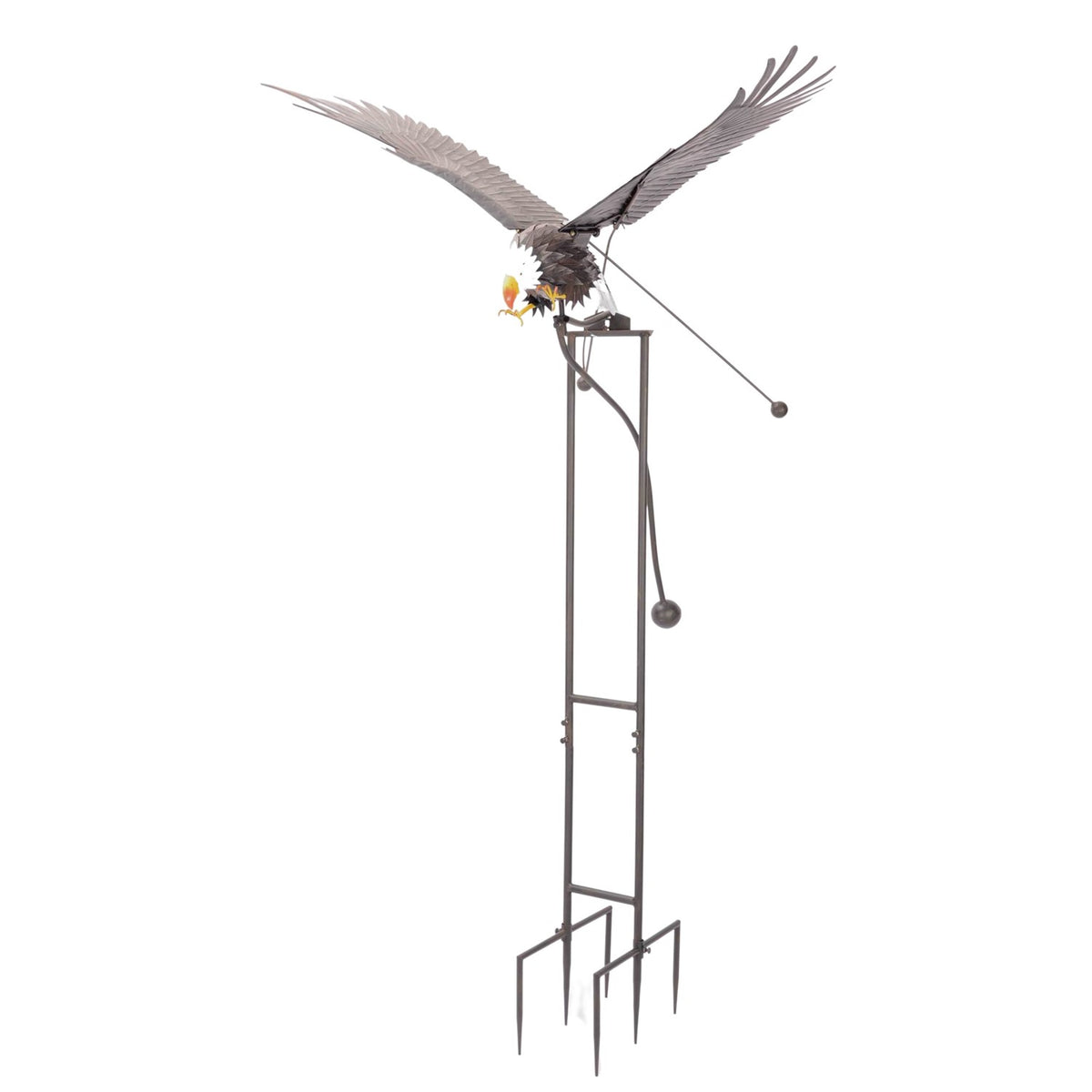 Metal garden stake topped with a spread-wing eagle, with hanging rods and weighted ends.