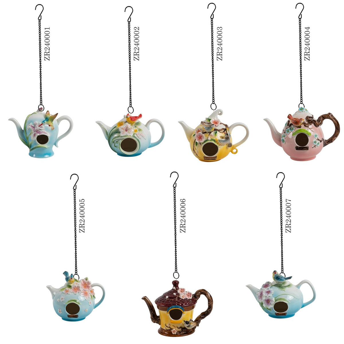 Seven assorted hanging teapot birdhouses shown in two rows against a white background.