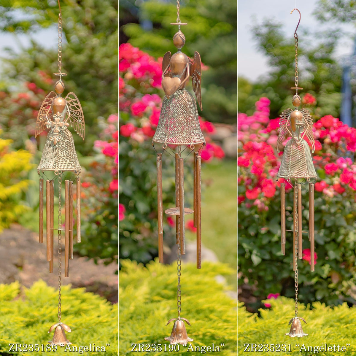 Set of 3 Assorted Hanging Antique Copper Angel Wind Chimes "Angelica, Angela & Angelette"