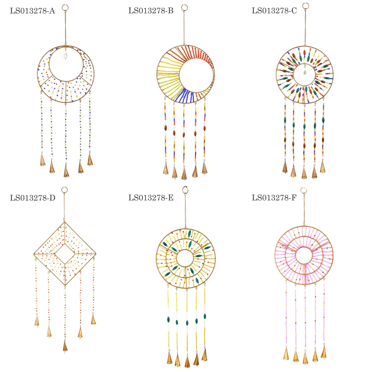 Six illustrated beaded wind chimes in round and diamond-shaped designs, each with hanging bells.