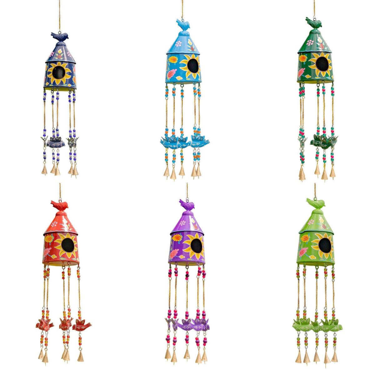 Six birdhouse wind chimes in different colors arranged in two rows against a white background.