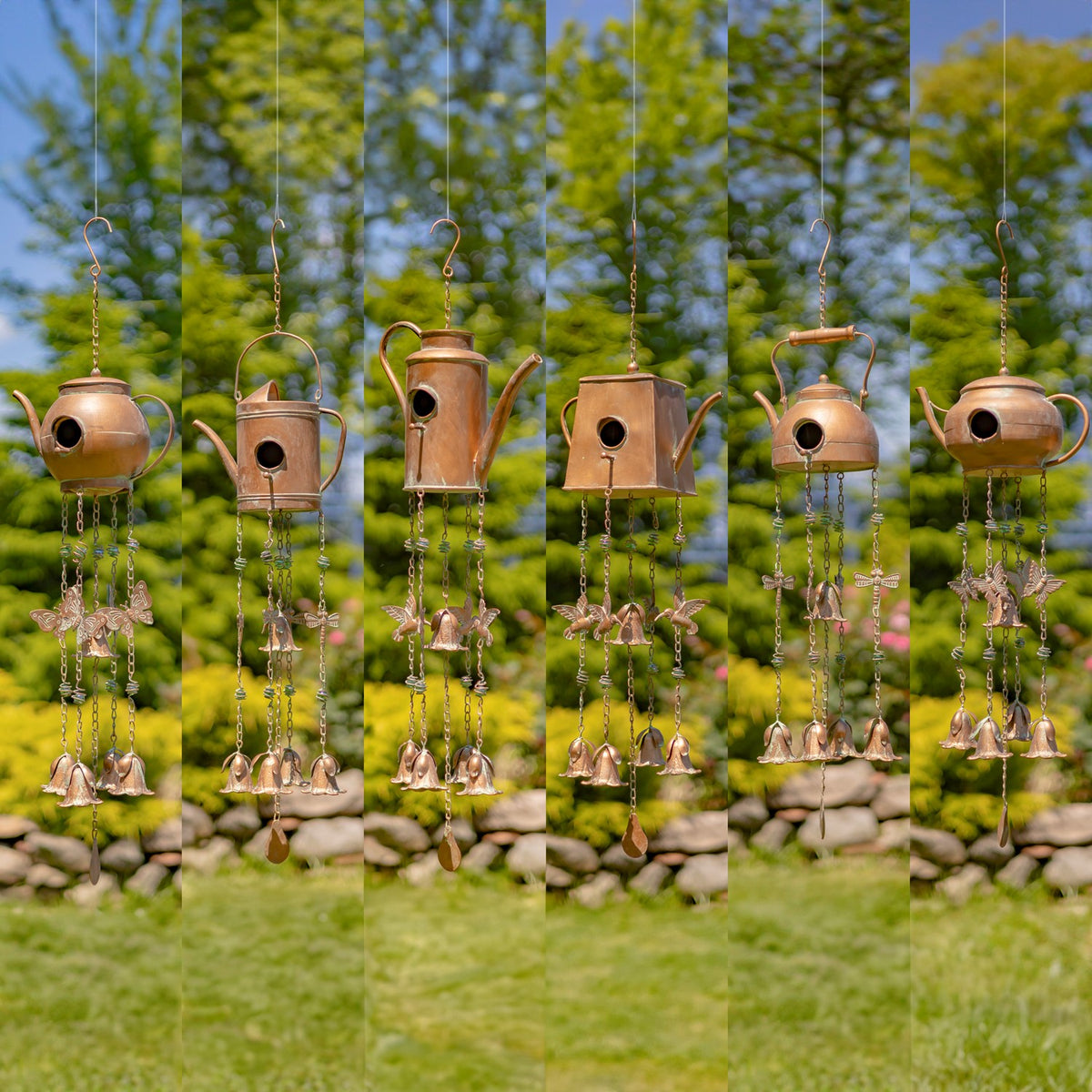 Six different copper-colored teapot birdhouse wind chime designs displayed side by side outdoors.