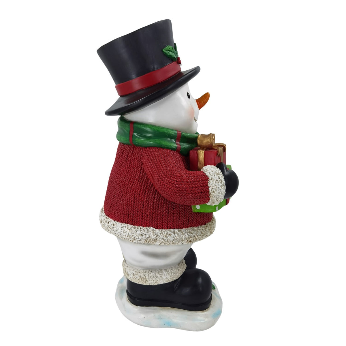 Snowman’s other profile, holding wrapped gifts in front of its red sweater.