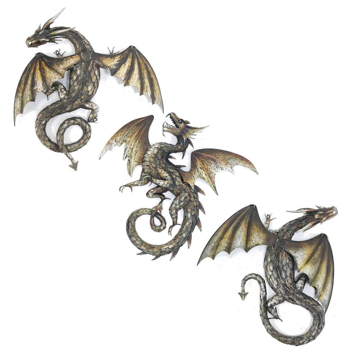 Three metal dragon wall decorations shown in different poses against a white background.