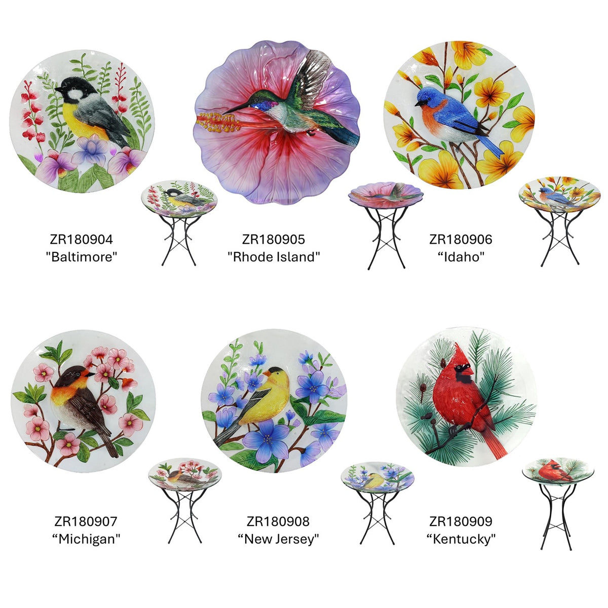 Several round bird-themed glass bowl designs are displayed with small views of their stands.