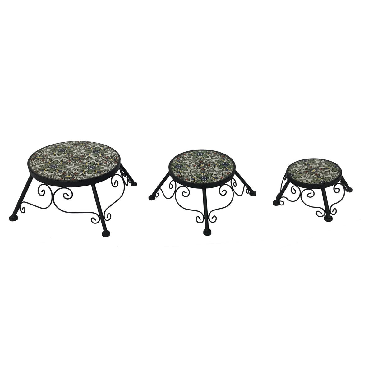 Set of 3 Assorted Mosaic Top Plant Riser Stands in Green/Blue/Yellow "Santarosa"