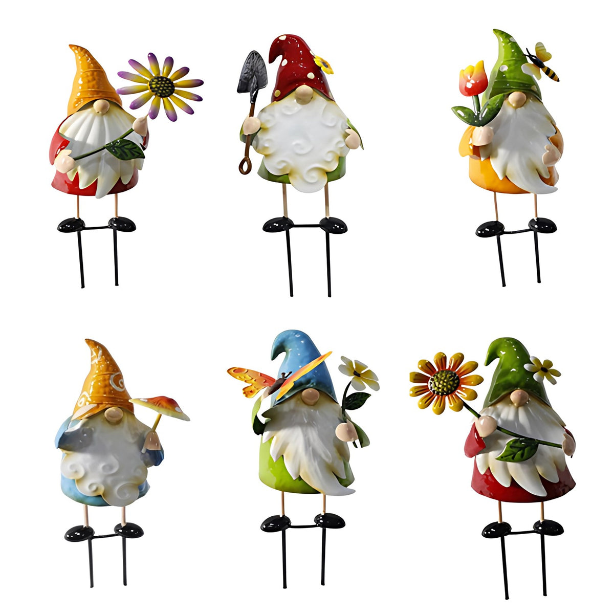 Six colorful gnome garden stakes displayed in two rows against a white background.