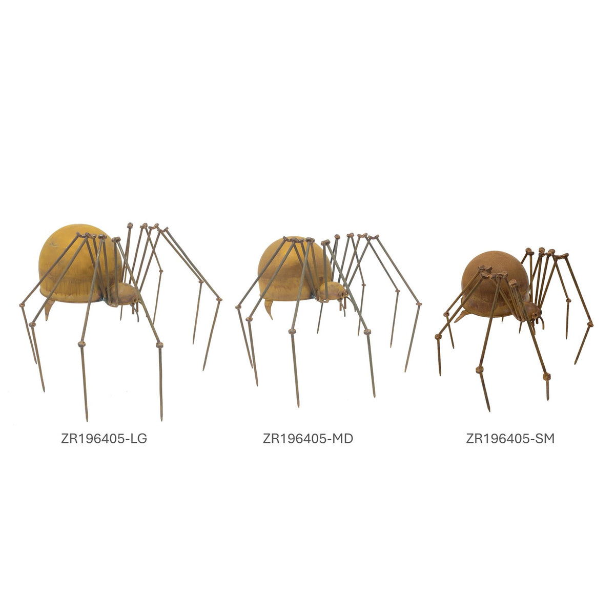 Three rust-colored metal spider figurines displayed side by side against a white background.
