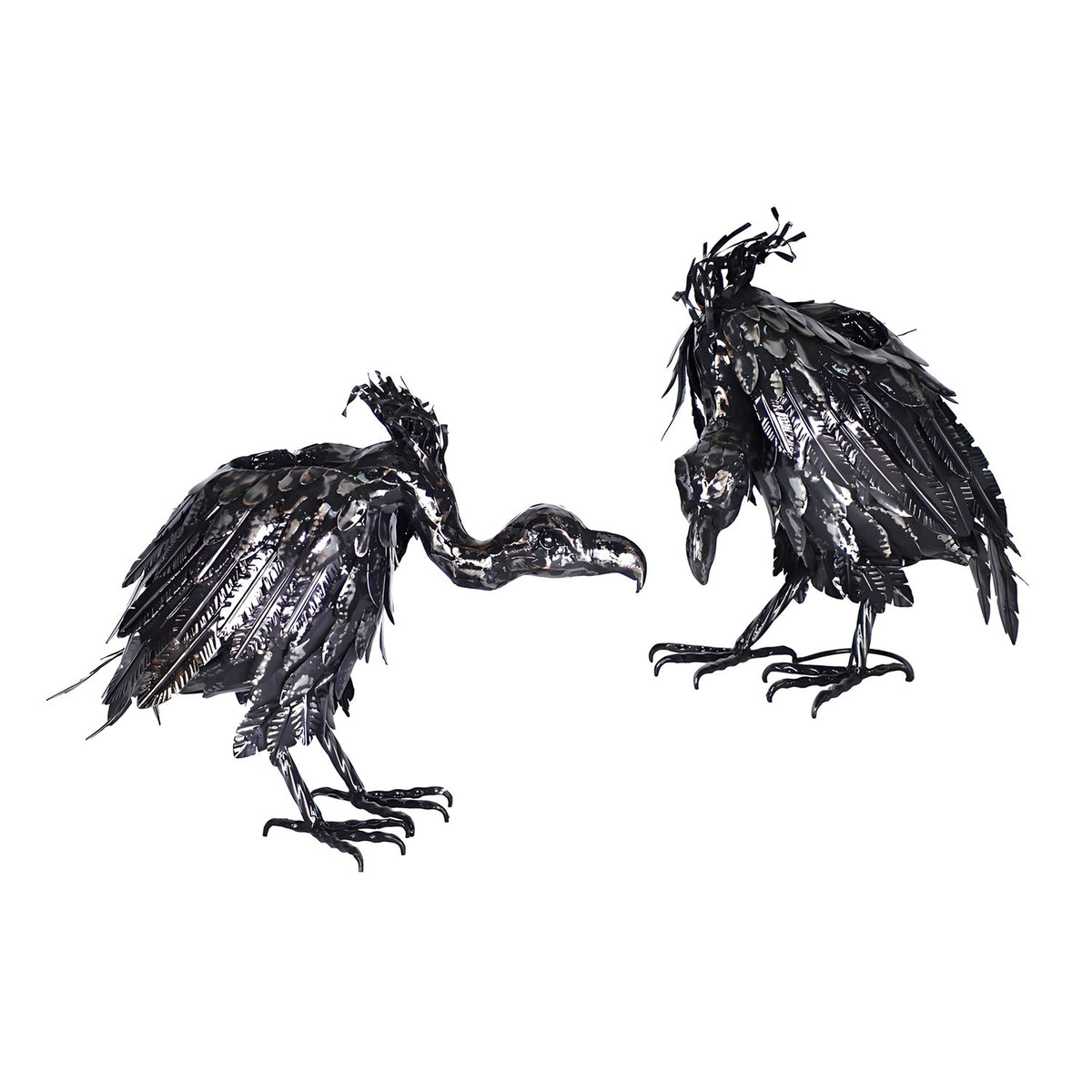 Two glossy dark metal vulture figurines with layered feather details pose against a white background.