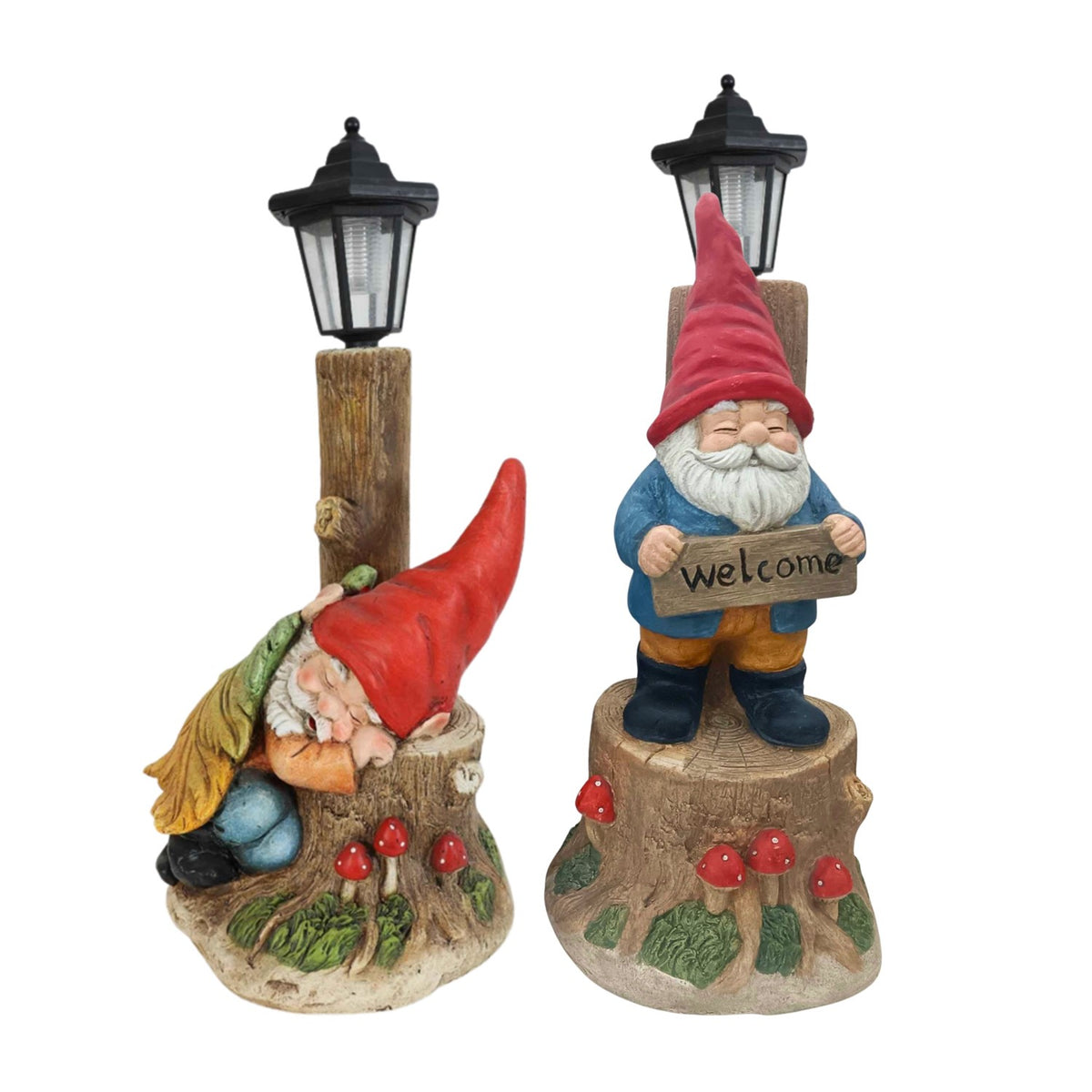 Set of 2 Assorted Sleepy Woodland Gnomes with Solar LED Lanterns "Gnorman & Gnolan"