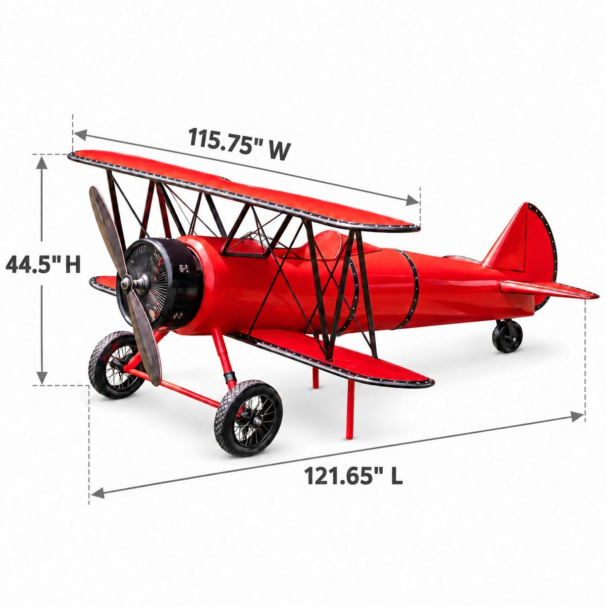 A red metal biplane shown on a white background with measurement arrows around it.