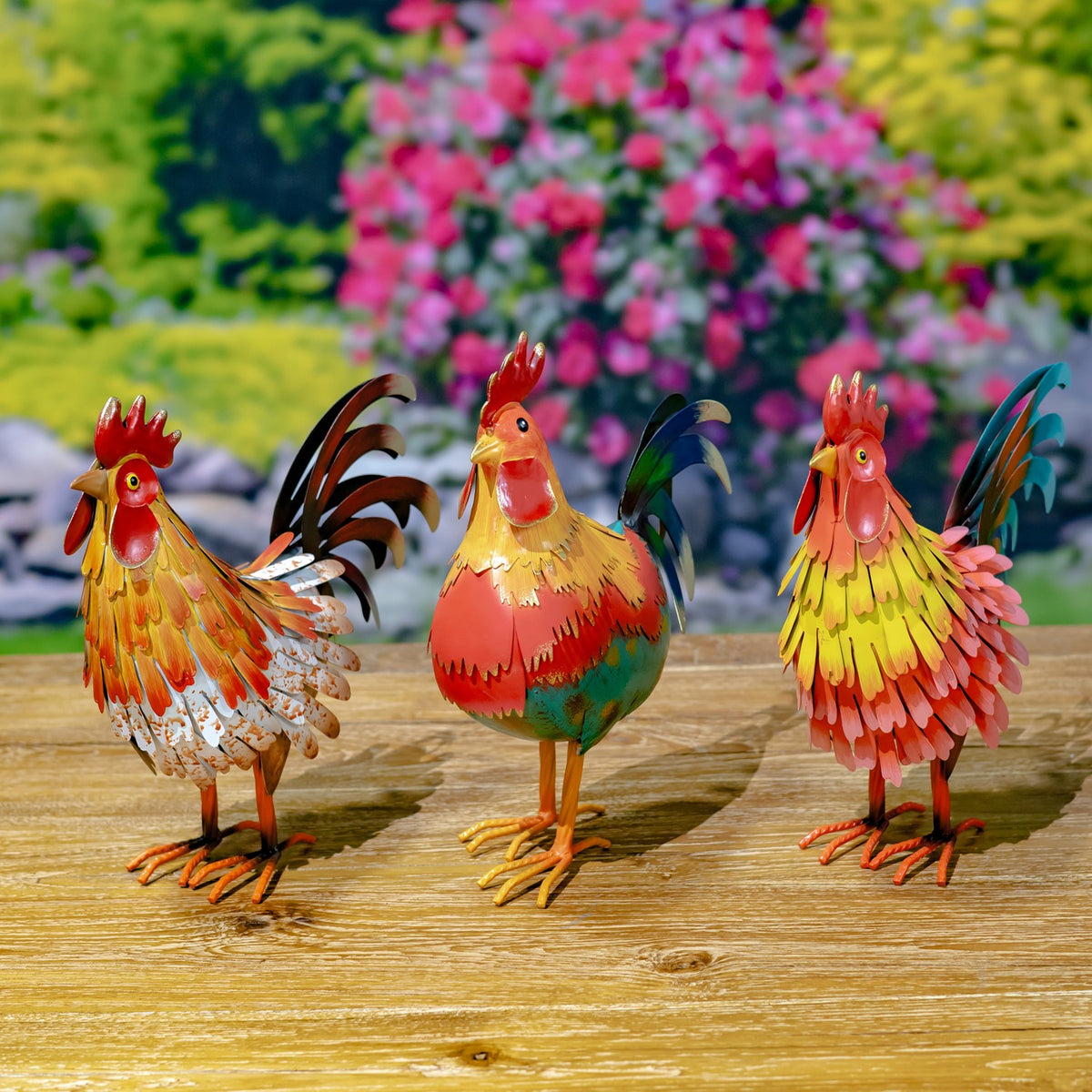 Set of 6 Assorted Metal Rooster Figurines "The Foghorn Flock"