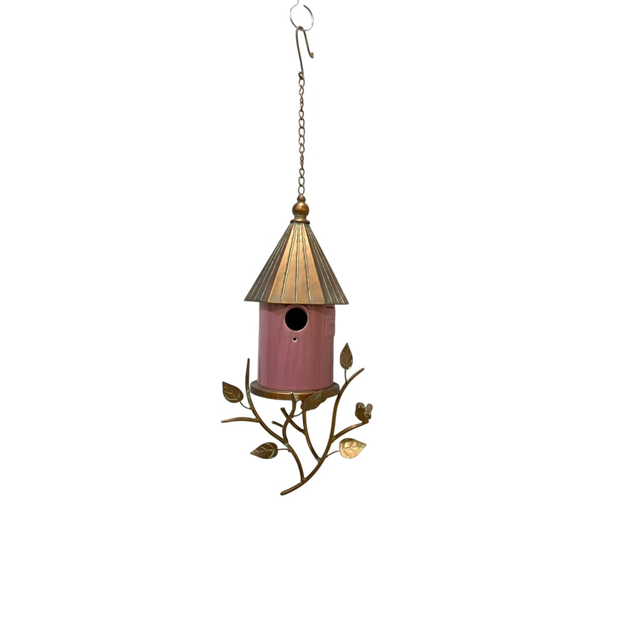 Full birdhouse shown against a white background, with its chain, roof, round opening, and branch-shaped base.