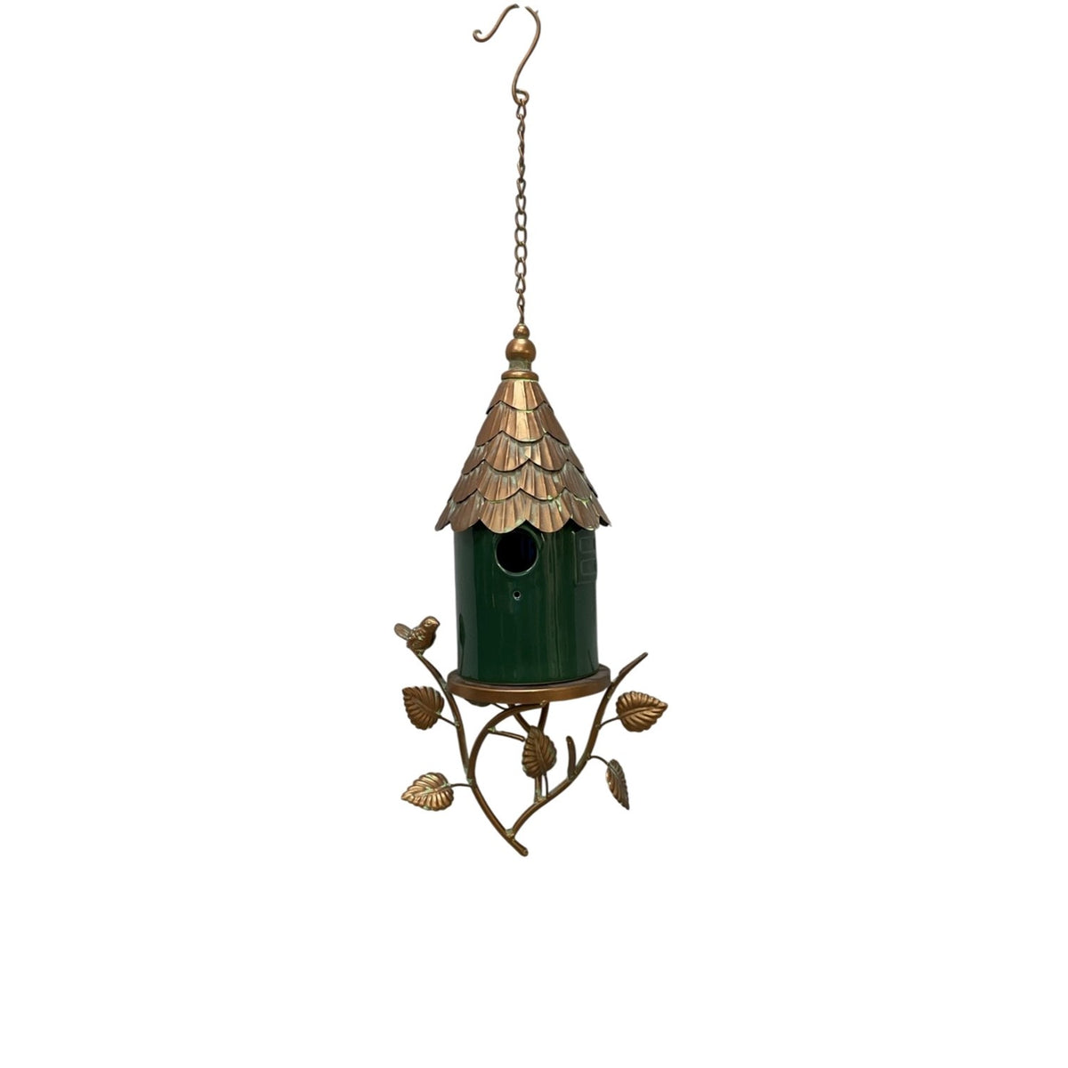Full view of the dark green hanging birdhouse with a layered metal roof, chain, hook, and decorative leaf-and-bird base.