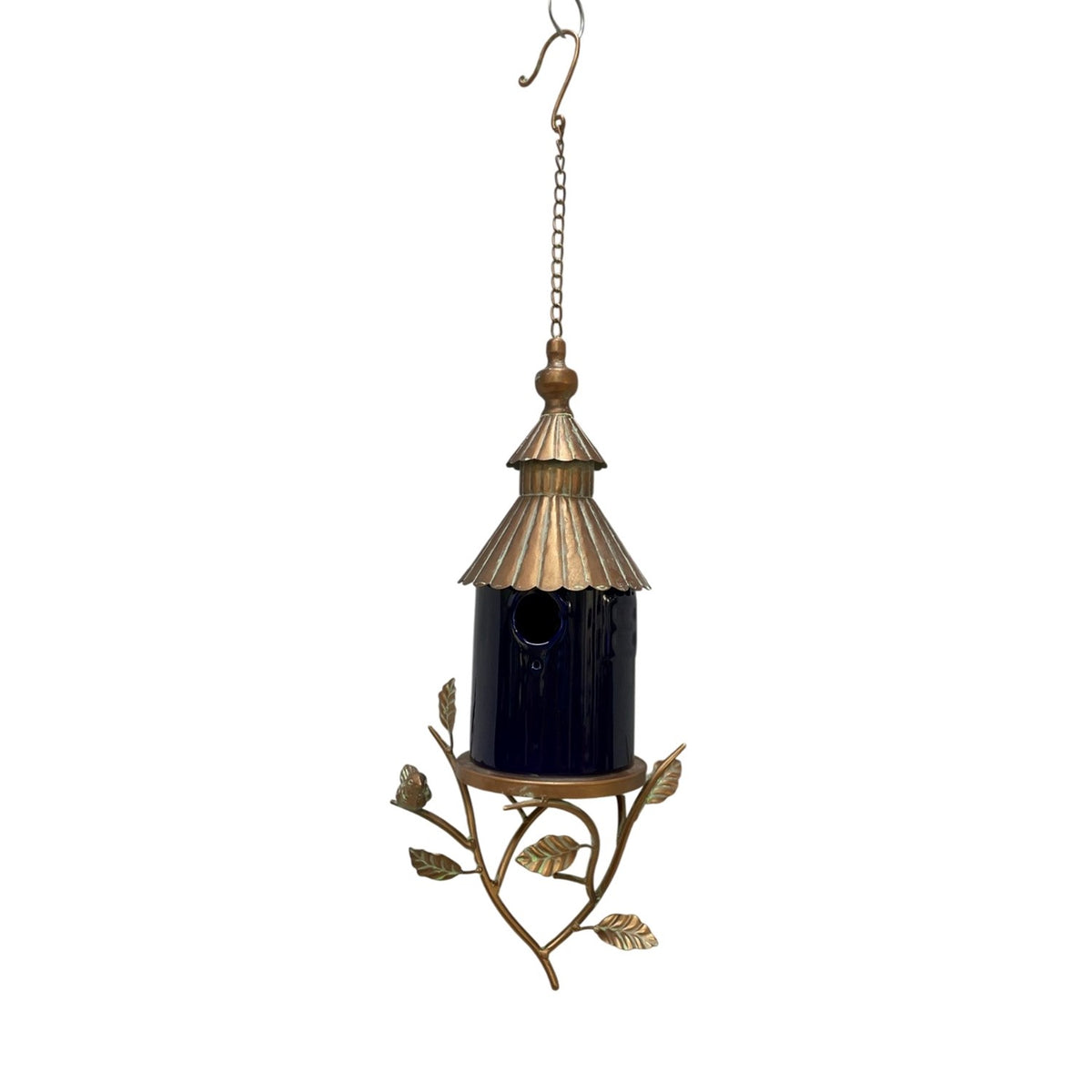 Complete hanging birdhouse with a long chain, tiered metal roof, blue body, and branch-like base.